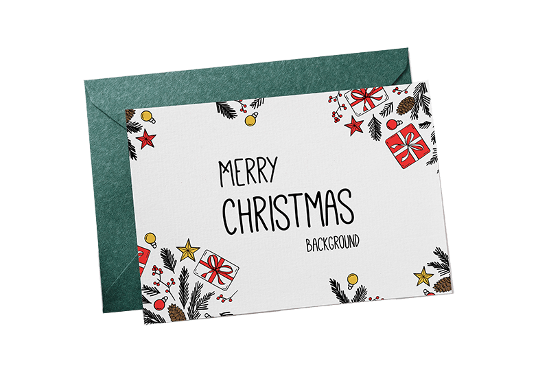 Carte postale blanche avec dessins Merry Christmas et enveloppe verte